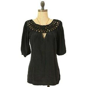 Akiko Bubble Sleeve Blouse Top Size XS S Crochet Neck Black Lightweight EUC B28